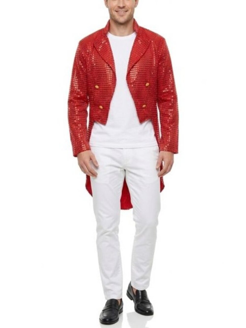 Mens Large Red Sequin Tailcoat Jacket Gold Buttons Costume Theater Dance Viral